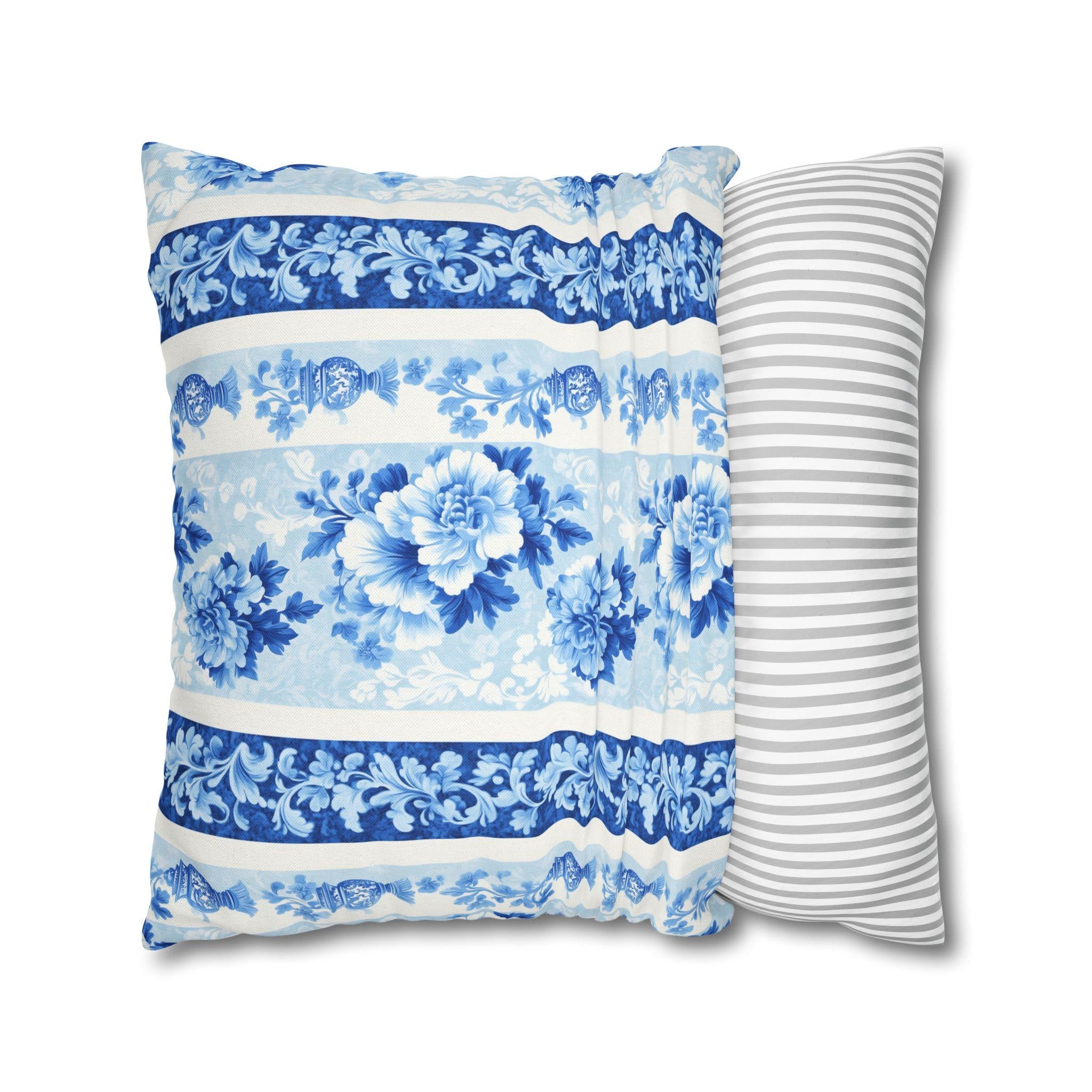 Elegant Chinoiserie Floral Pillowcase: Blue & White Striped French Country Home Decor Accent