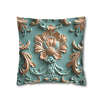 Floral Rococo Style Pillow Cover, Peach Fuzz & Light Teal Elegant Design