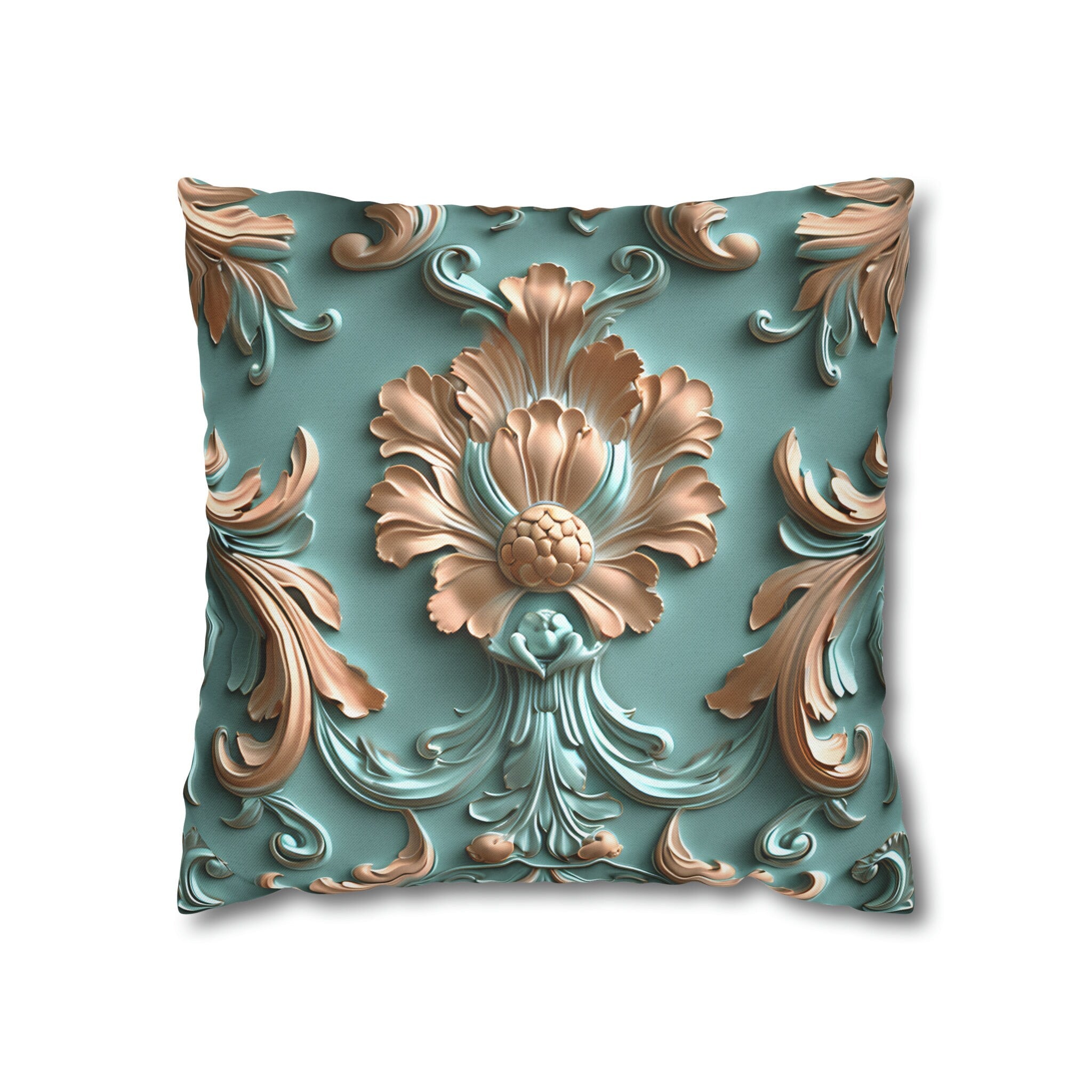 Floral Rococo Style Pillow Cover, Peach Fuzz & Light Teal Elegant Design