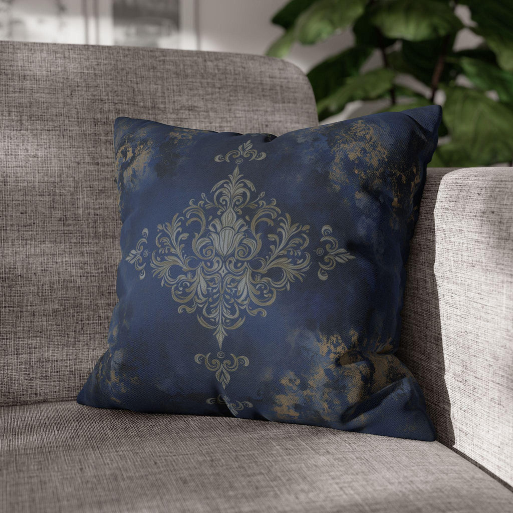 Navy Blue Damask Pillow Cover: Baroque Gold Accent Cushion