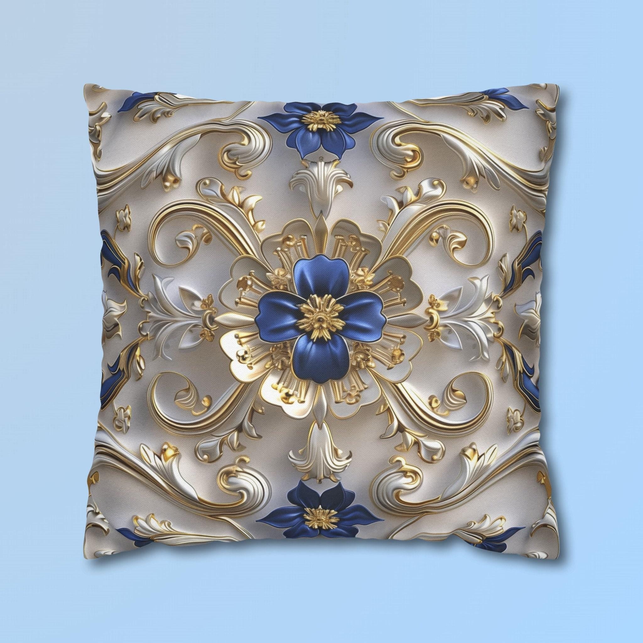 Baroque Inspired Throw Pillow Cover Blue and Gold Ornate Design Elegant Home Decor Gift