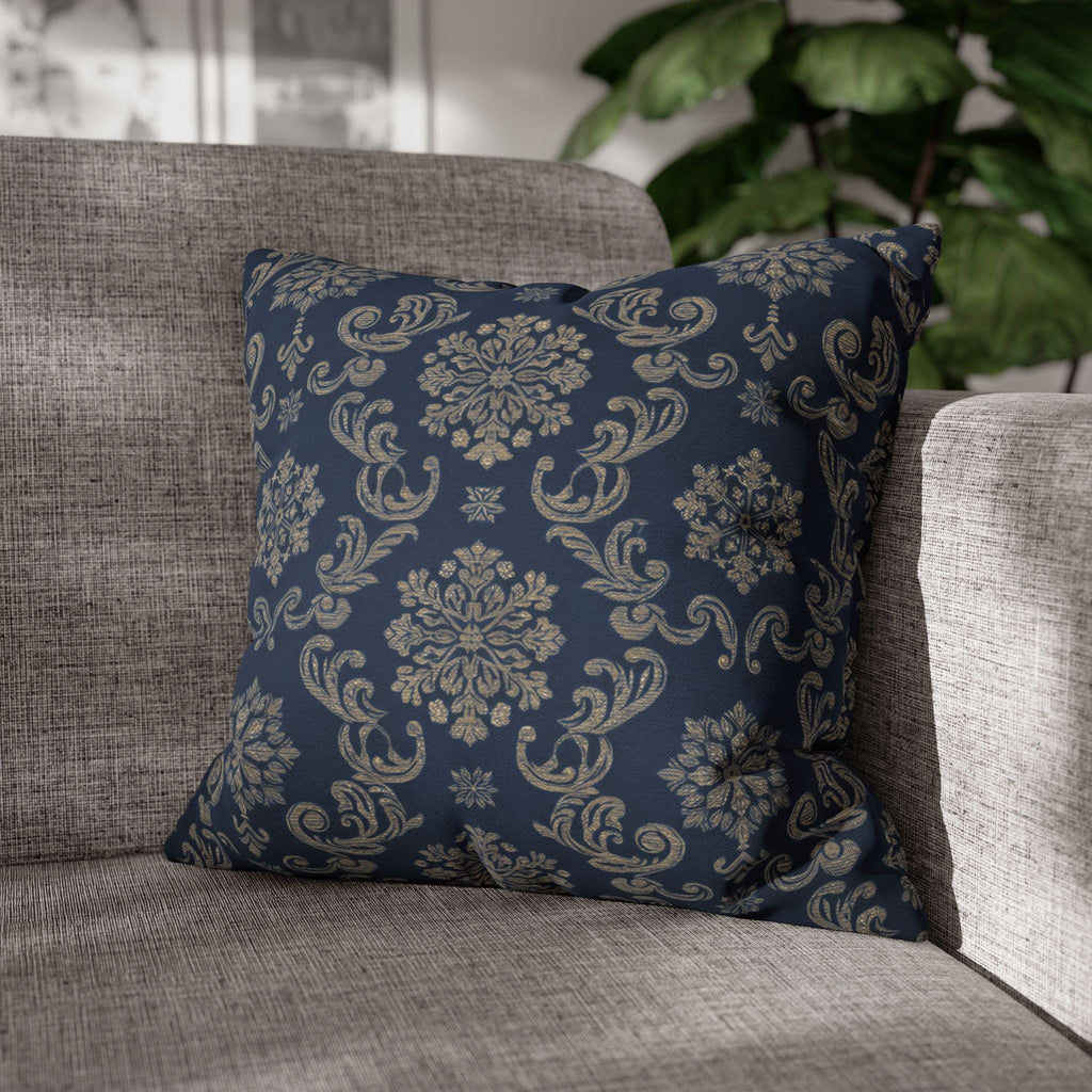 Elegant Silver Snowflake Pillow Cover: Deep Blue Holiday Decor