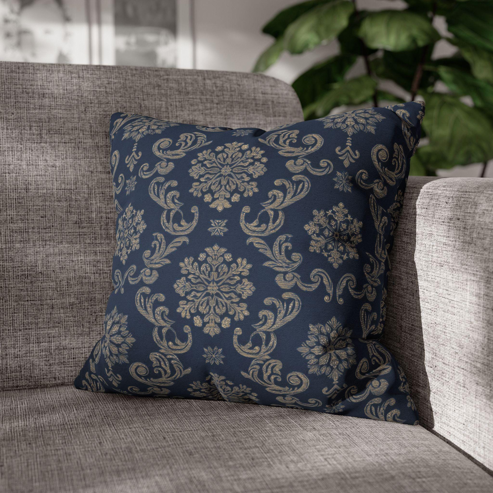 Elegant Silver Snowflake Pillow Cover: Deep Blue Holiday Decor