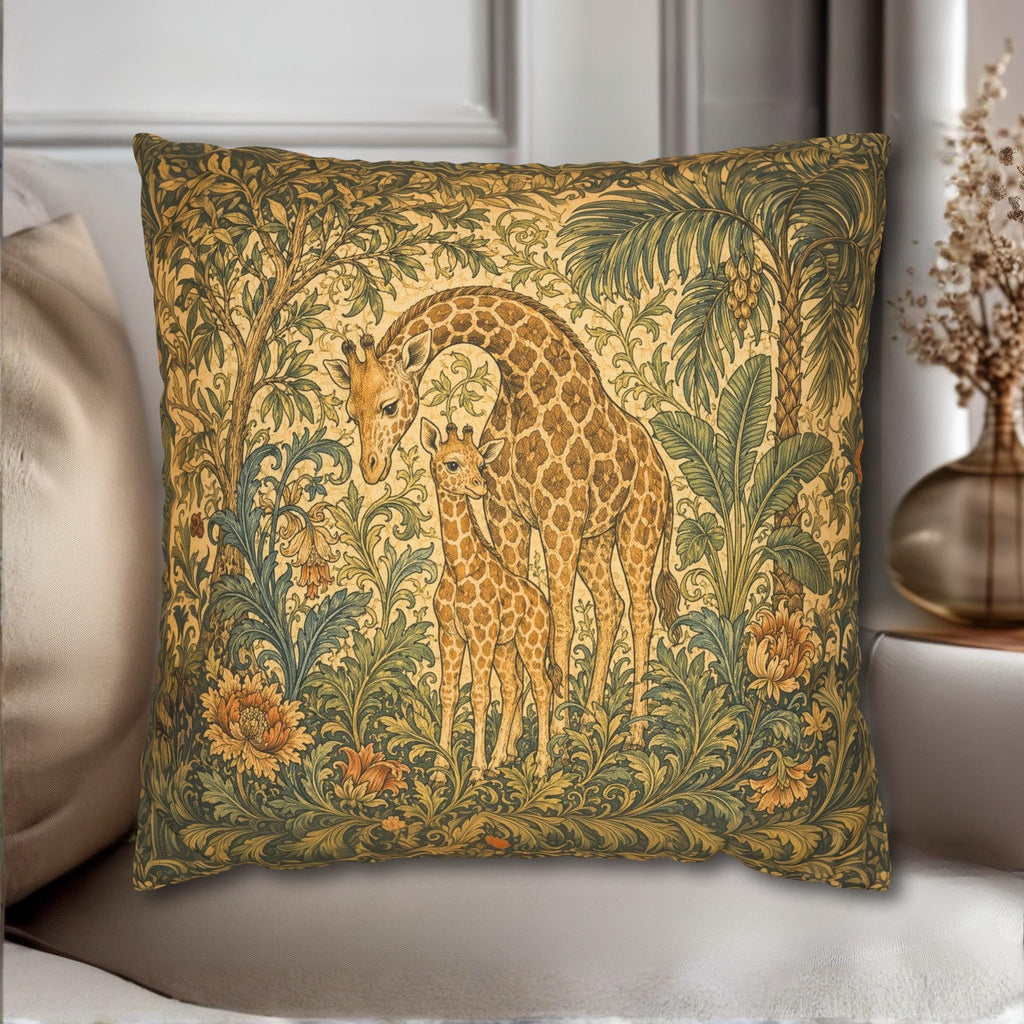 William Morris Style Throw Pillow Cover:  Giraffe Jungle Botanical Design