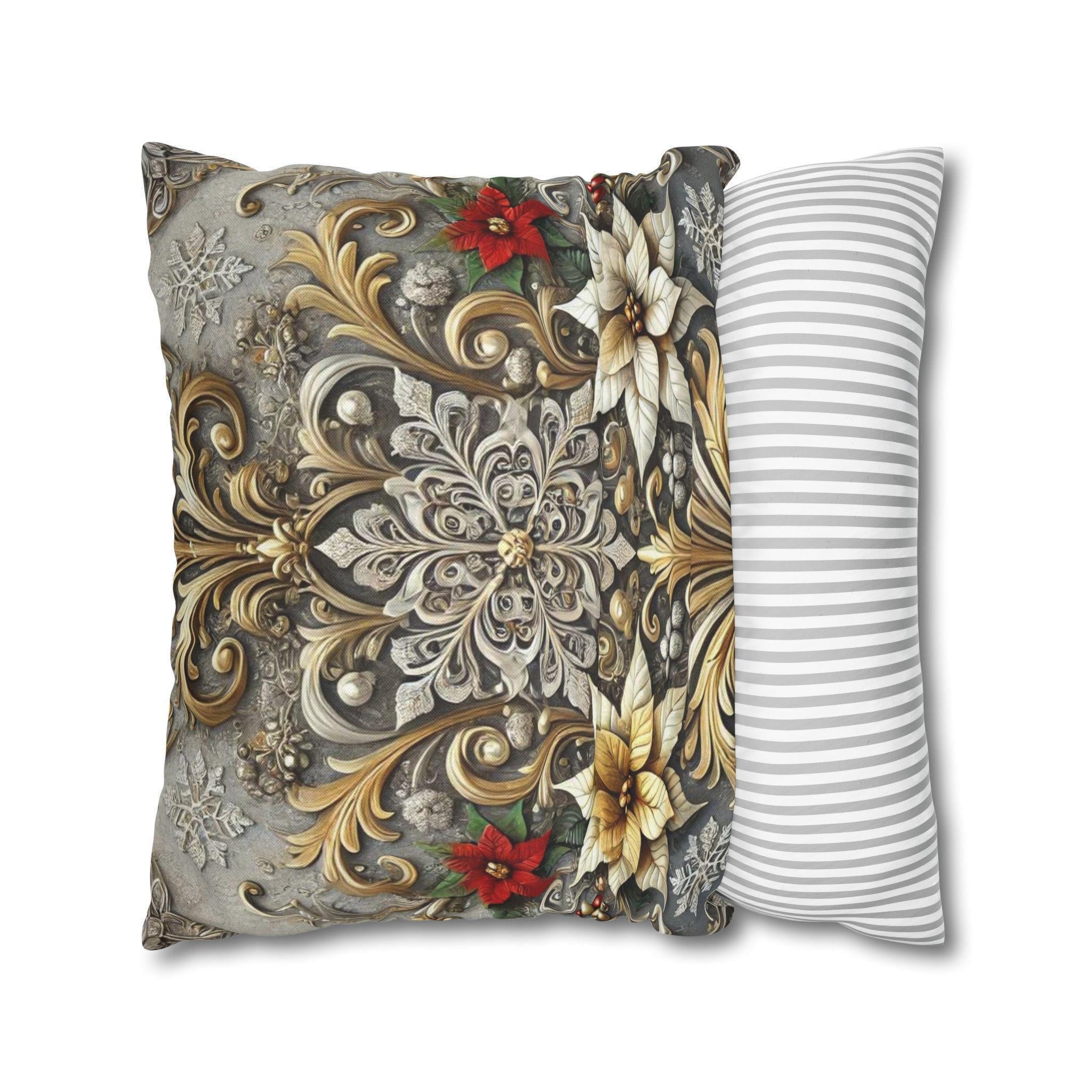 Luxurious Baroque Inspired Holiday Pillow Cover, Silver and Gold Snowflake Christmas Decor