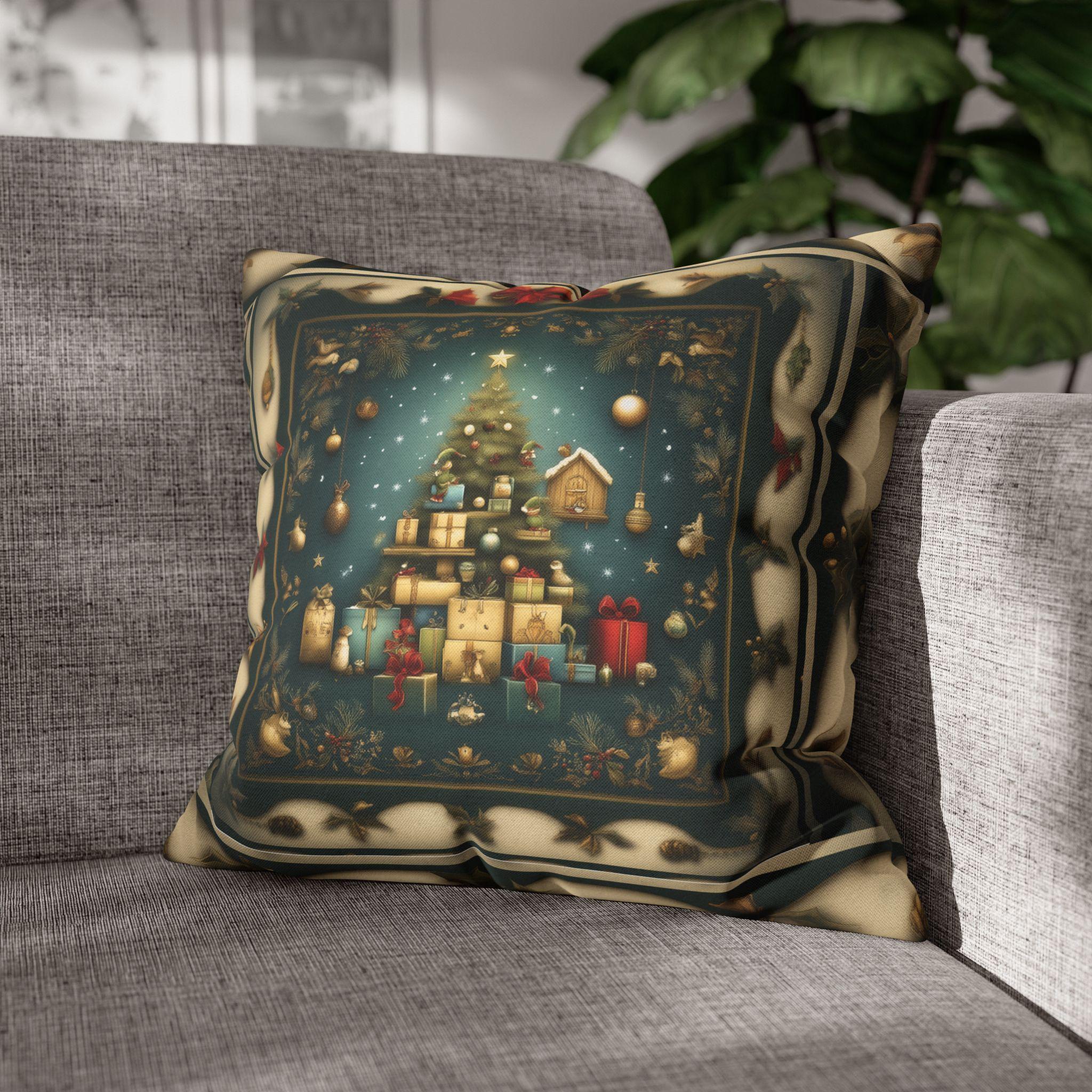 Vintage Style Holiday Pillow Cover: Storybook Christmas Tree & Gifts Design