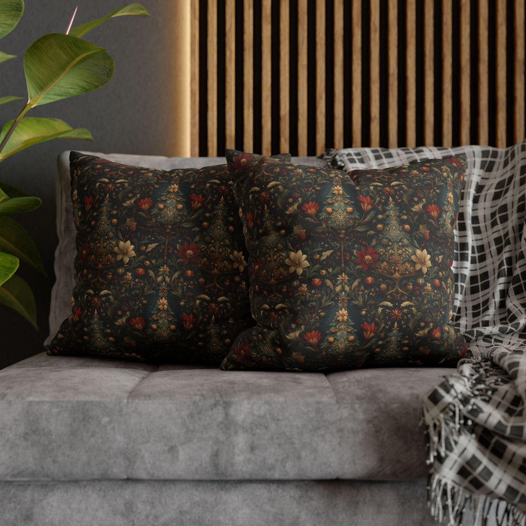 Intricate Christmas Trees and Florals Pillow Cover: William Morris Style Holiday Botanical Design