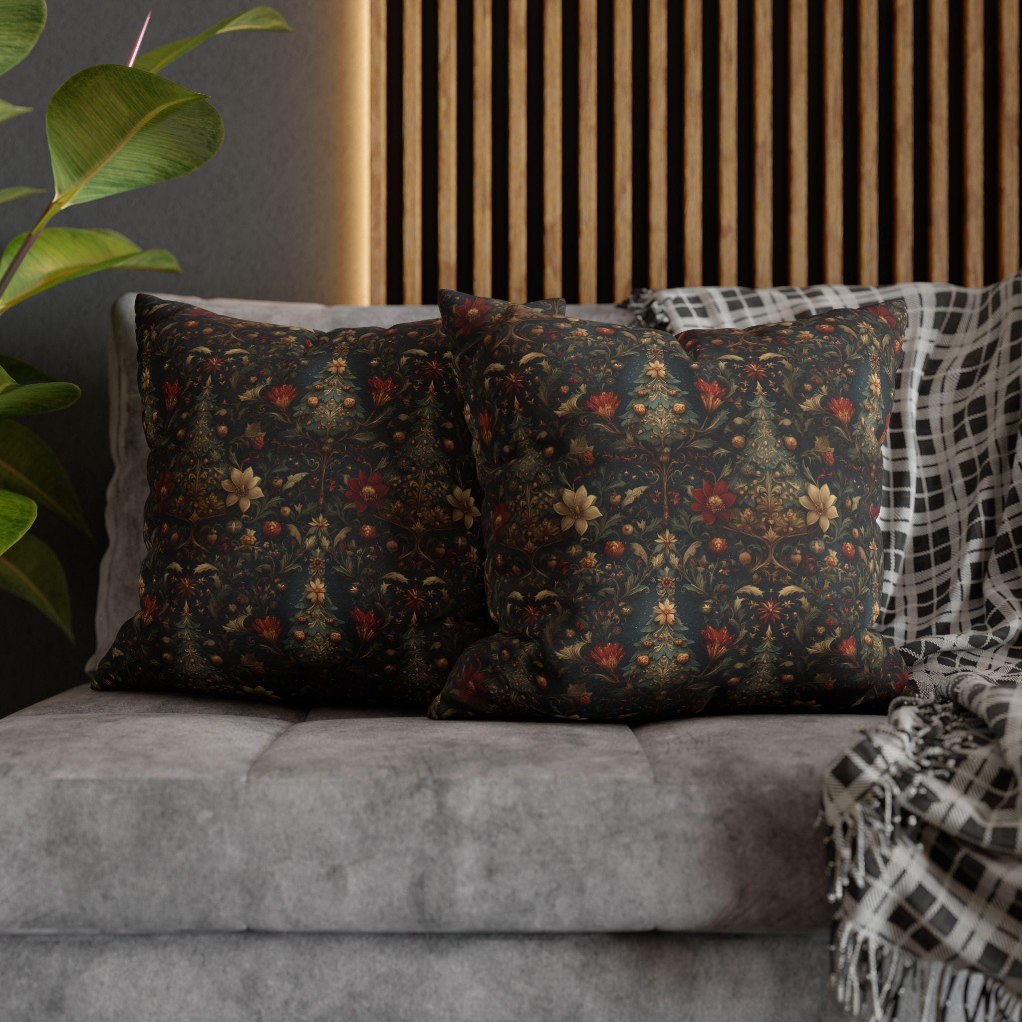 Intricate Christmas Trees and Florals Pillow Cover: William Morris Style Holiday Botanical Design