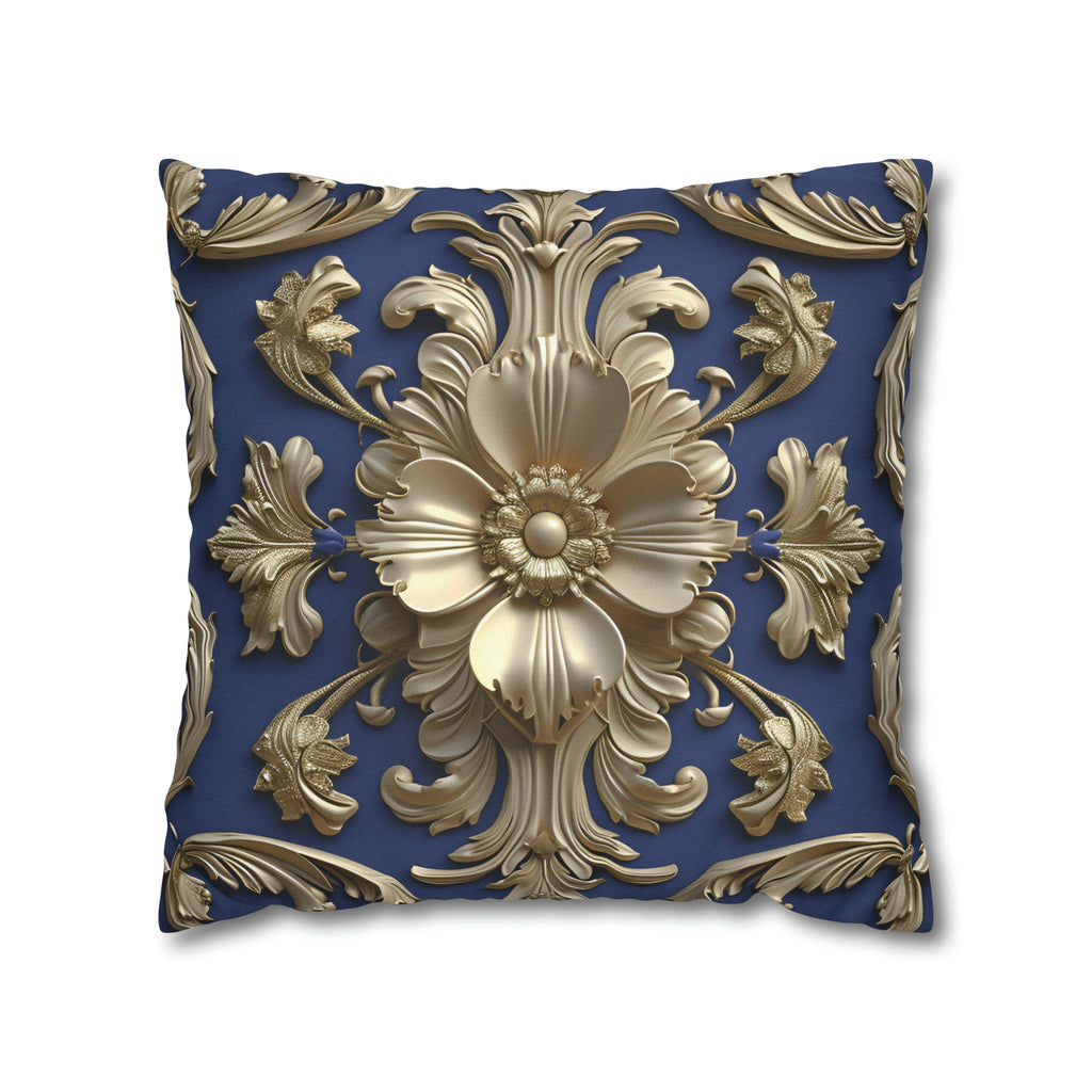 Luxurious Baroque Floral Pillow Cover: Deep Blue with Pale Gold Symmetrical Design