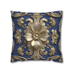 Luxurious Baroque Floral Pillow Cover: Deep Blue with Pale Gold Symmetrical Design