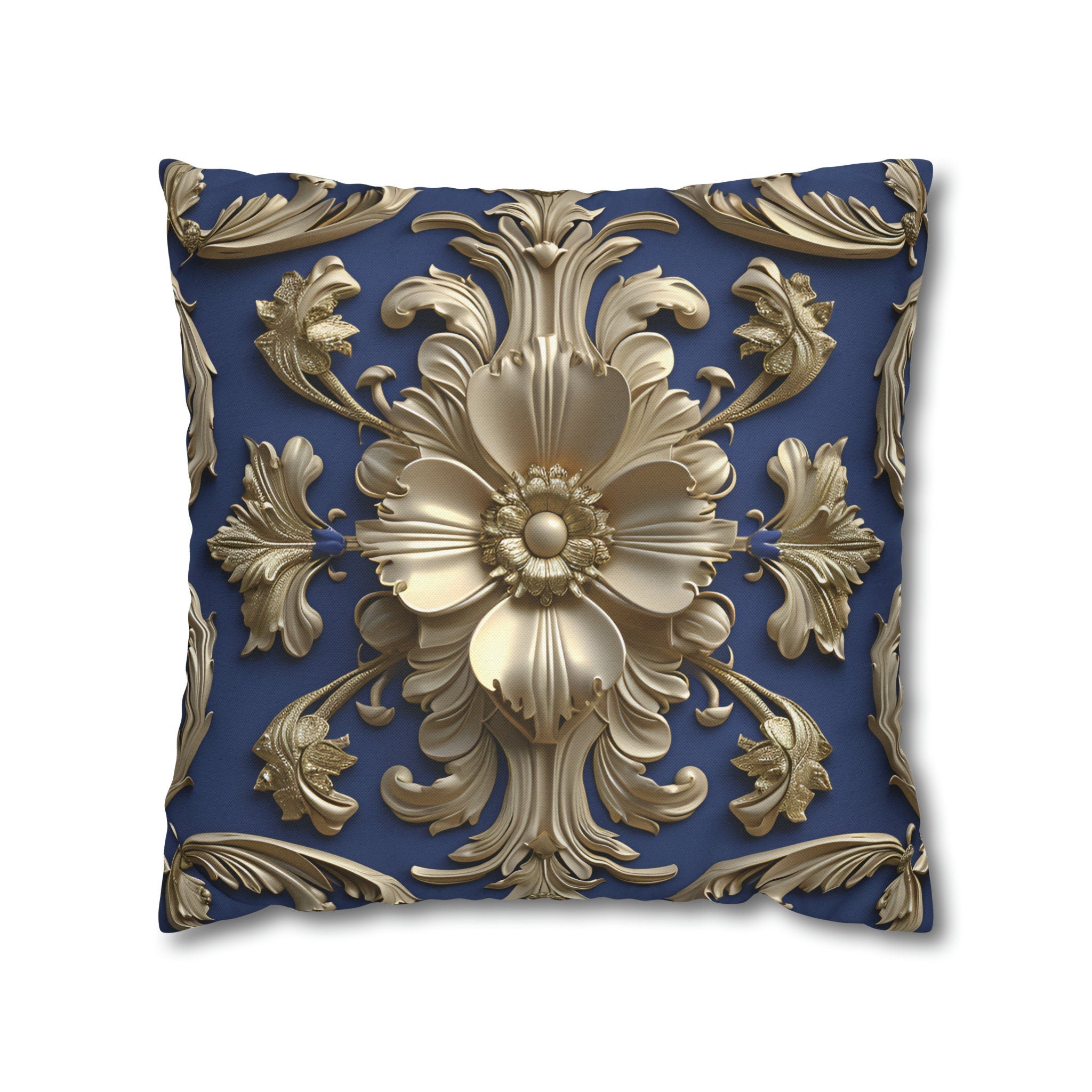 Luxurious Baroque Floral Pillow Cover: Deep Blue with Pale Gold Symmetrical Design