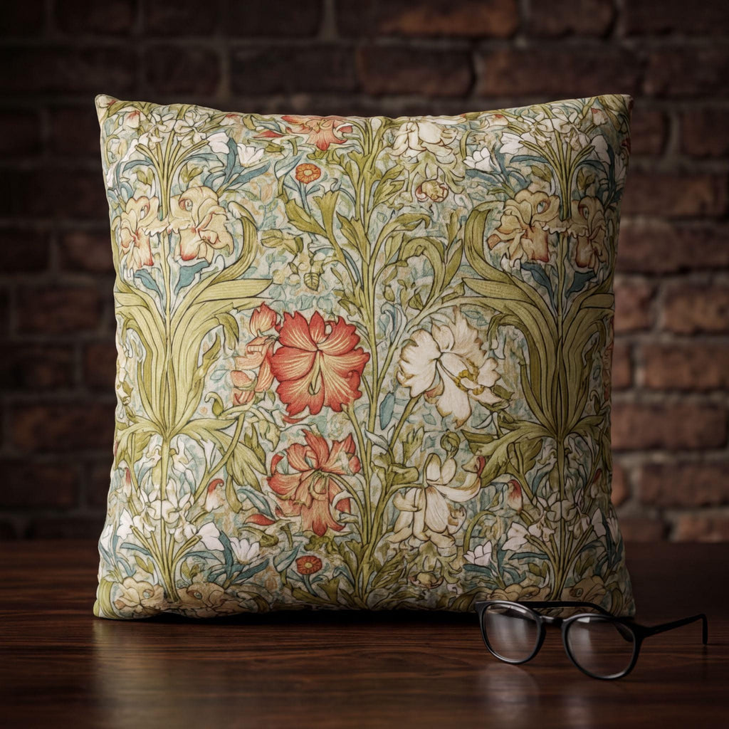 William Morris Style Pillow Cover: Soft Sage, Coral and Ivory Botanical Floral