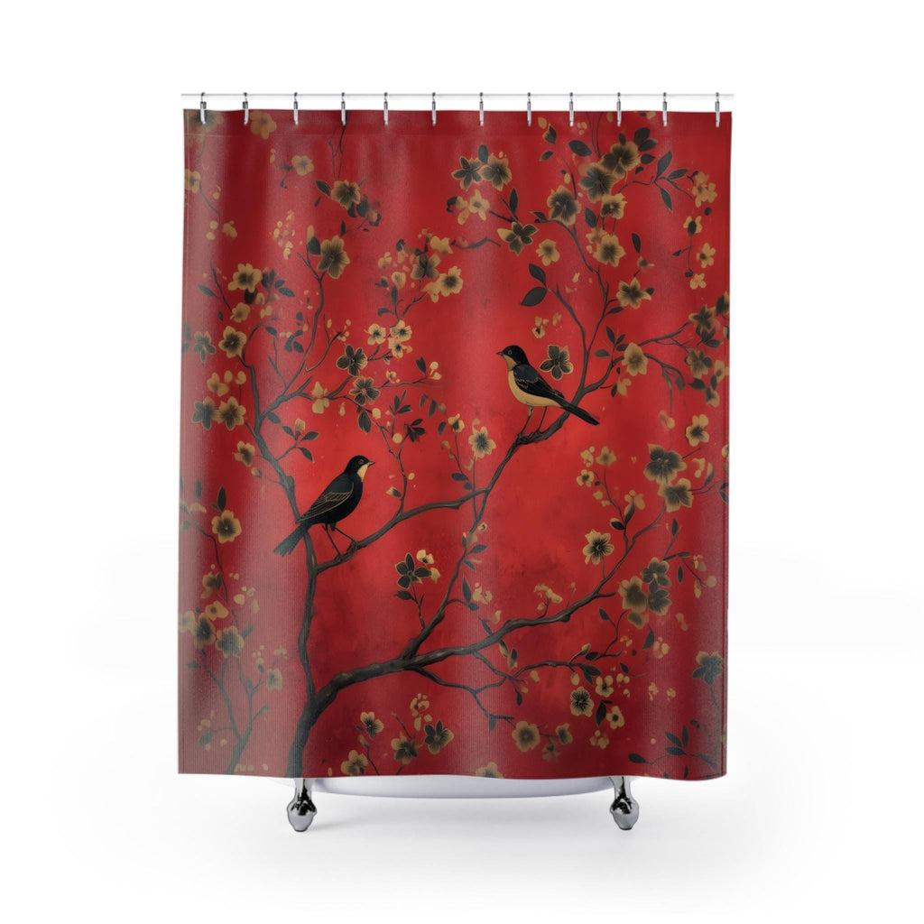 Elegant Chinoiserie Shower Curtain: Red Floral with Black Birds, Asian-Inspired Bathroom Decor