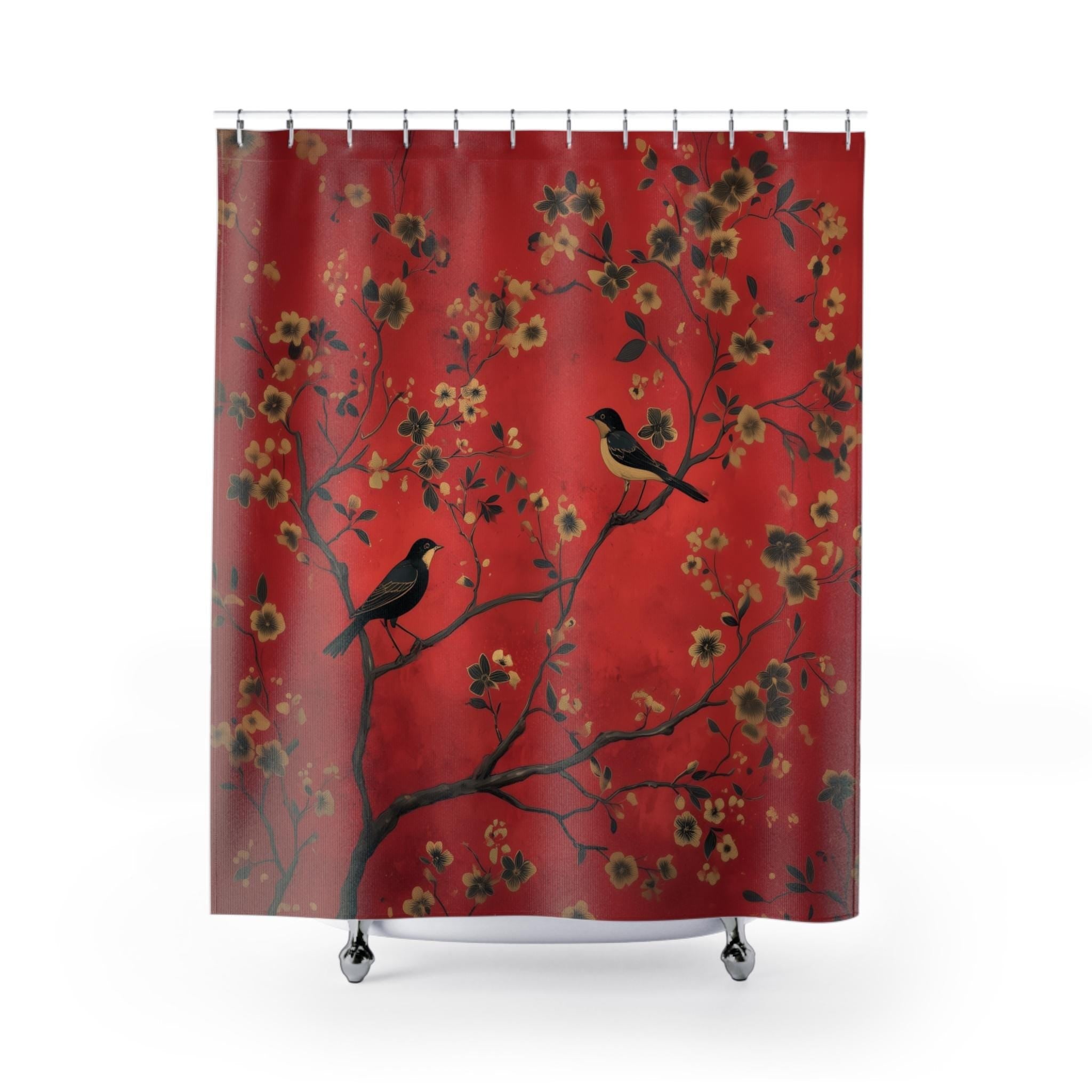 Elegant Chinoiserie Shower Curtain: Red Floral with Black Birds, Asian-Inspired Bathroom Decor
