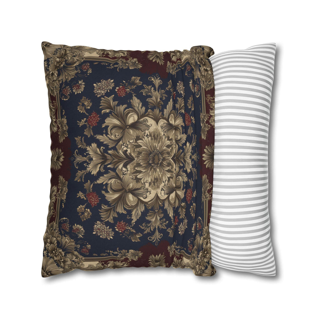 Elegant Vintage-Inspired Tapestry Pillow Cover: Gold Floral Medallion on Navy and Burgundy