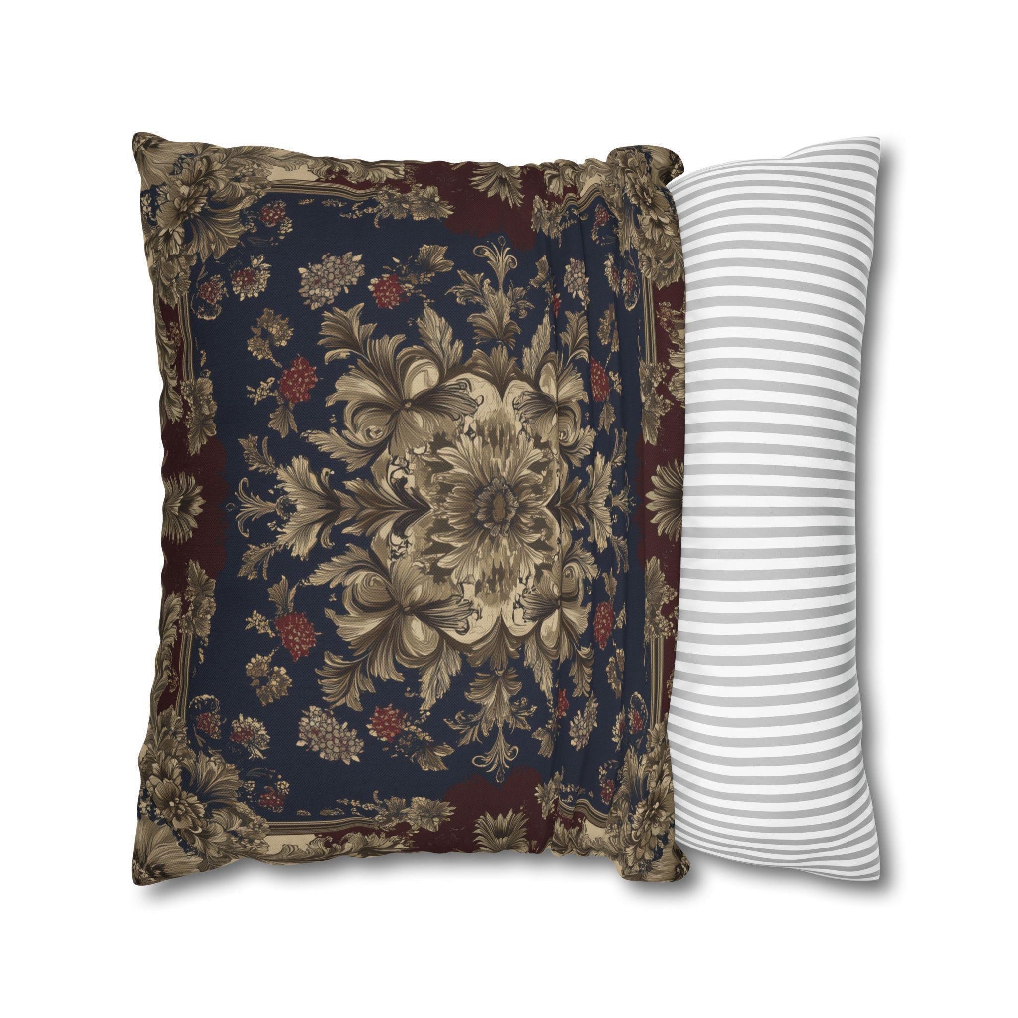 Elegant Vintage-Inspired Tapestry Pillow Cover: Gold Floral Medallion on Navy and Burgundy