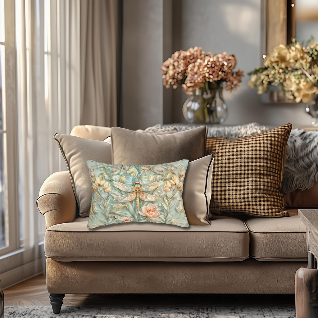 William Morris Inspired Dragonfly Lumbar Pillow: Blue, Gold & Pink Nature Design
