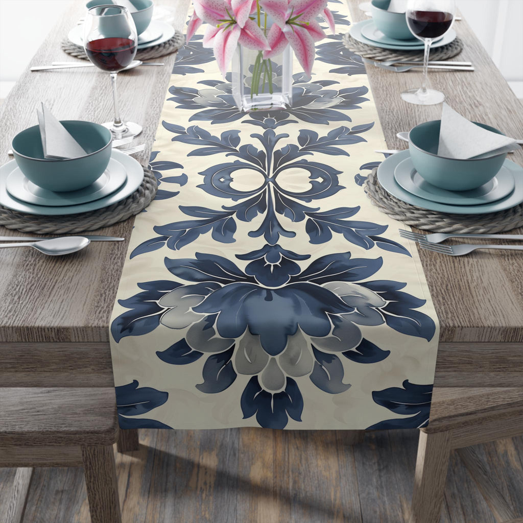 Elegant Blue Floral Table Runner: French Country Farmhouse Decor