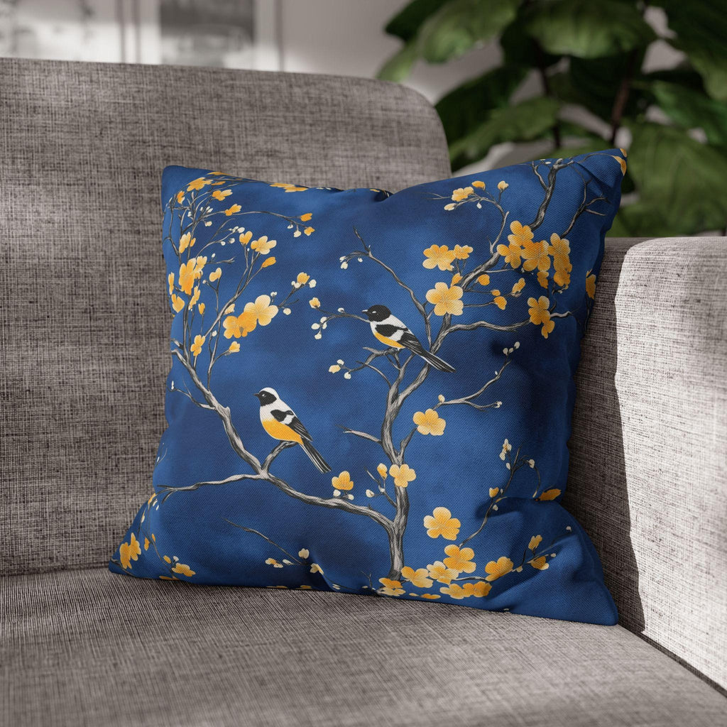 Royal Blue Chinoiserie Pillow Cover: Elegant Asian-Inspired Cushion with Yellow Blossoms and Birds