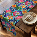 Mexican Table Runner: Botanical Folk Art on Aqua Background