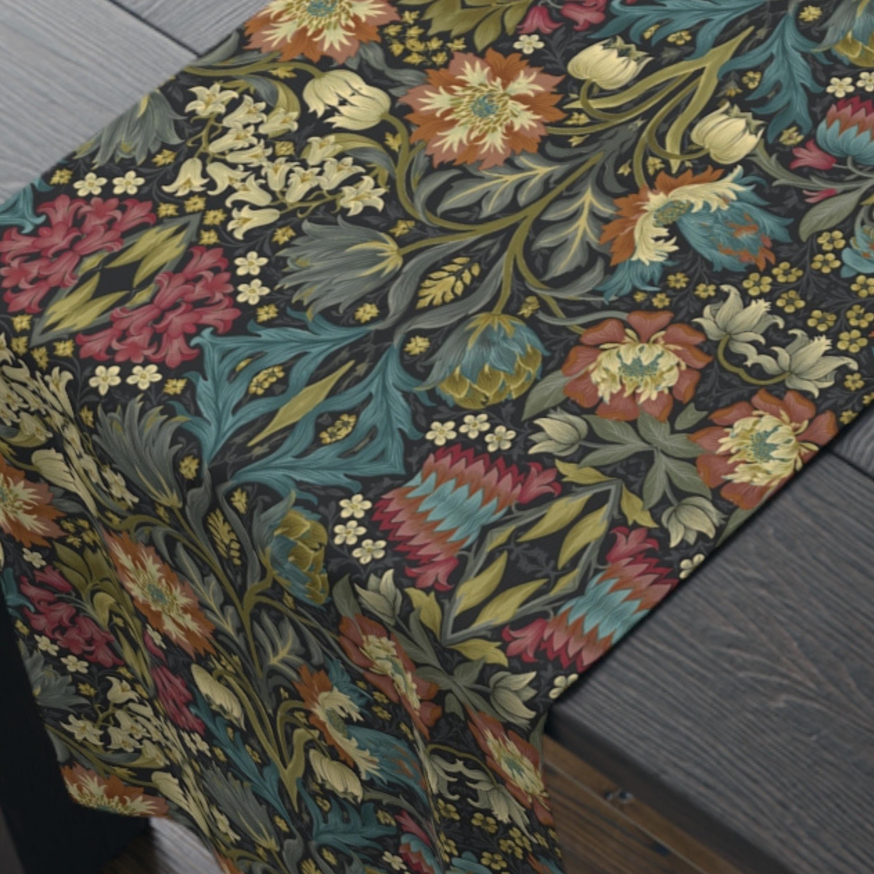 William Morris Inspired Table Runner: Midnight Navy Botanical Design