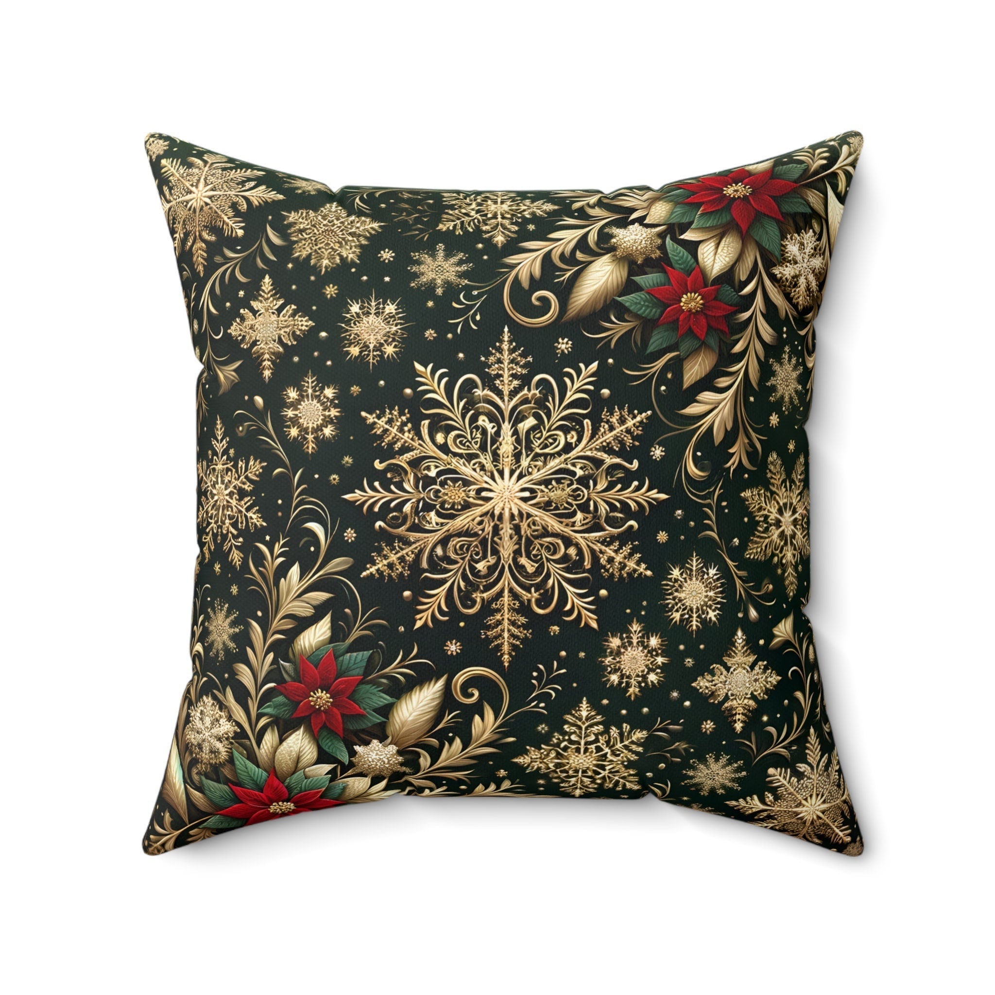 Elegant Poinsettia Christmas Throw Pillow: Golden Snowflakes & Emerald Festive Holiday Home Decor Accent