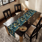 Geometric Abstract Table Runner: Blue and Earth Tones, Modern Rustic Decor, Hand-painted Effect