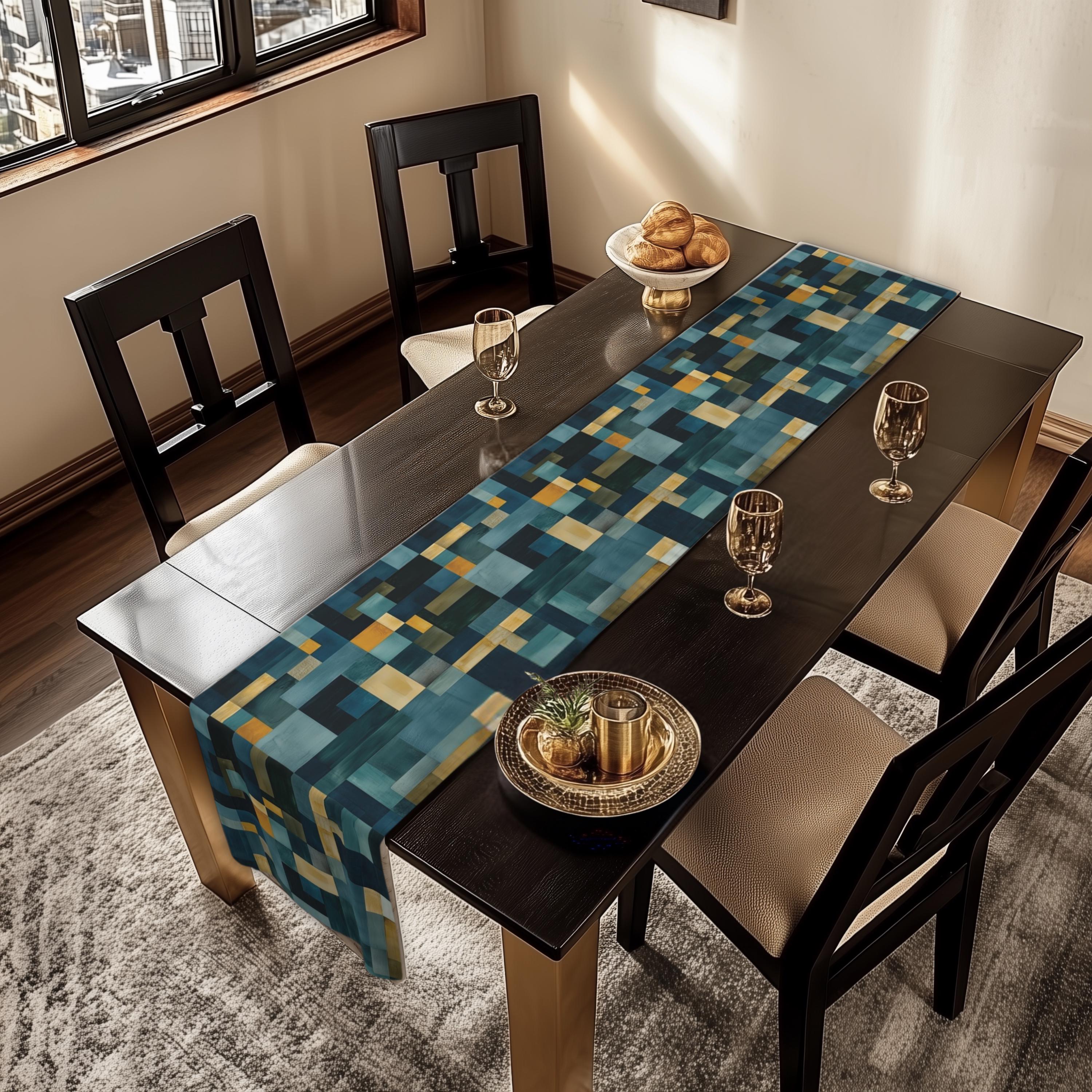 Geometric Abstract Table Runner: Blue and Earth Tones, Modern Rustic Decor, Hand-painted Effect