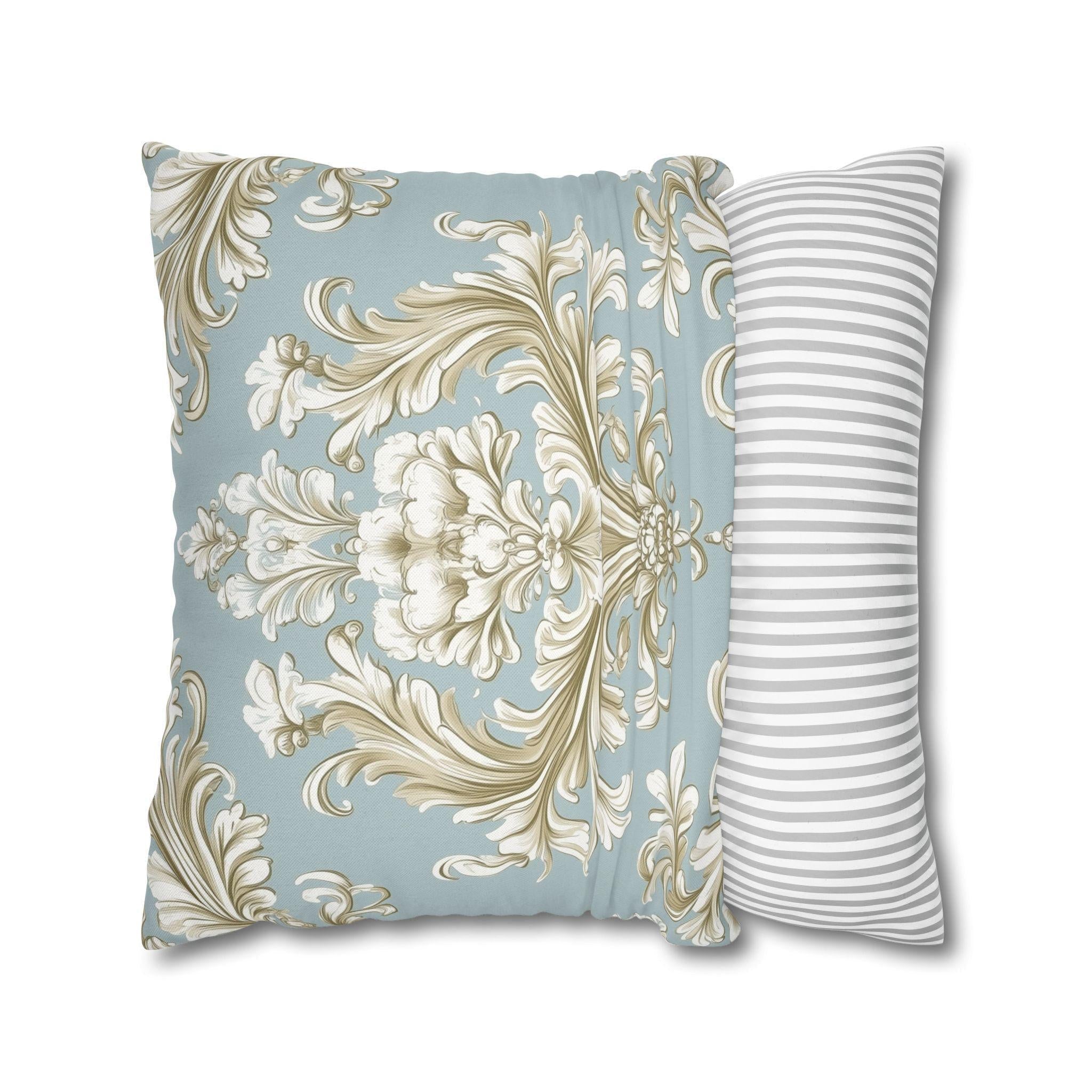 Elegant Baroque Floral Pillowcase: Champagne & Gold on Powder Blue - Luxurious Home Decor Gift