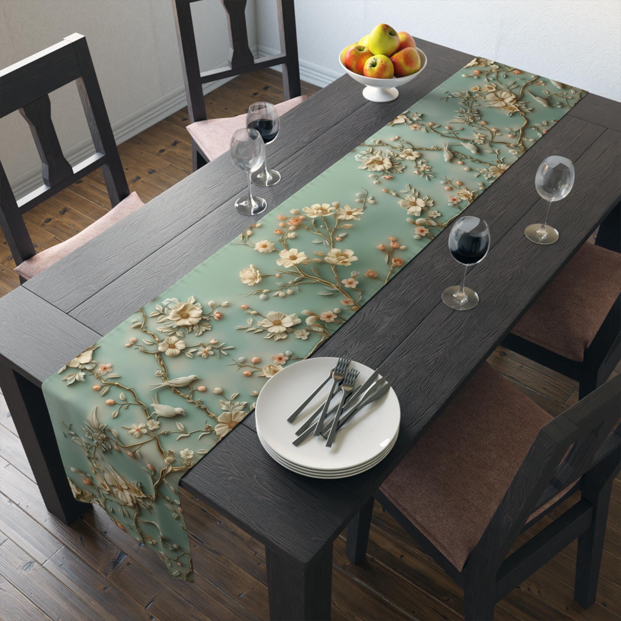Elegant Chinoiserie Table Runner: Pastel Blue-Green Birds & Blossoms, 3D Floral Dining Decor