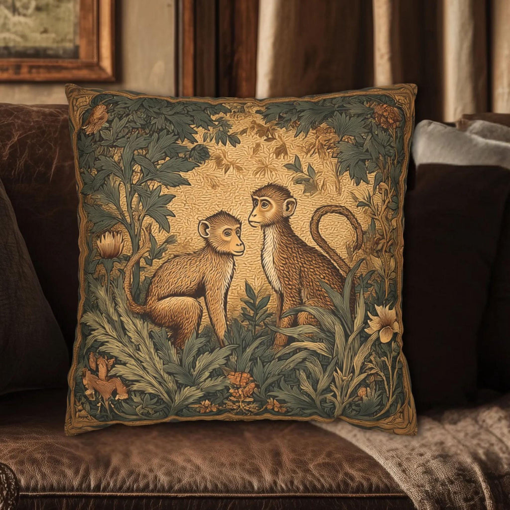 William Morris Style Throw Pillow Cover:  Monkey Jungle Botanical Design
