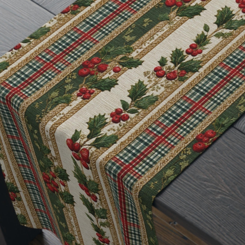 Vintage Inspired Christmas Table Runner: Plaid, Holly, Berry Red (16" x 72"),(16"x90")