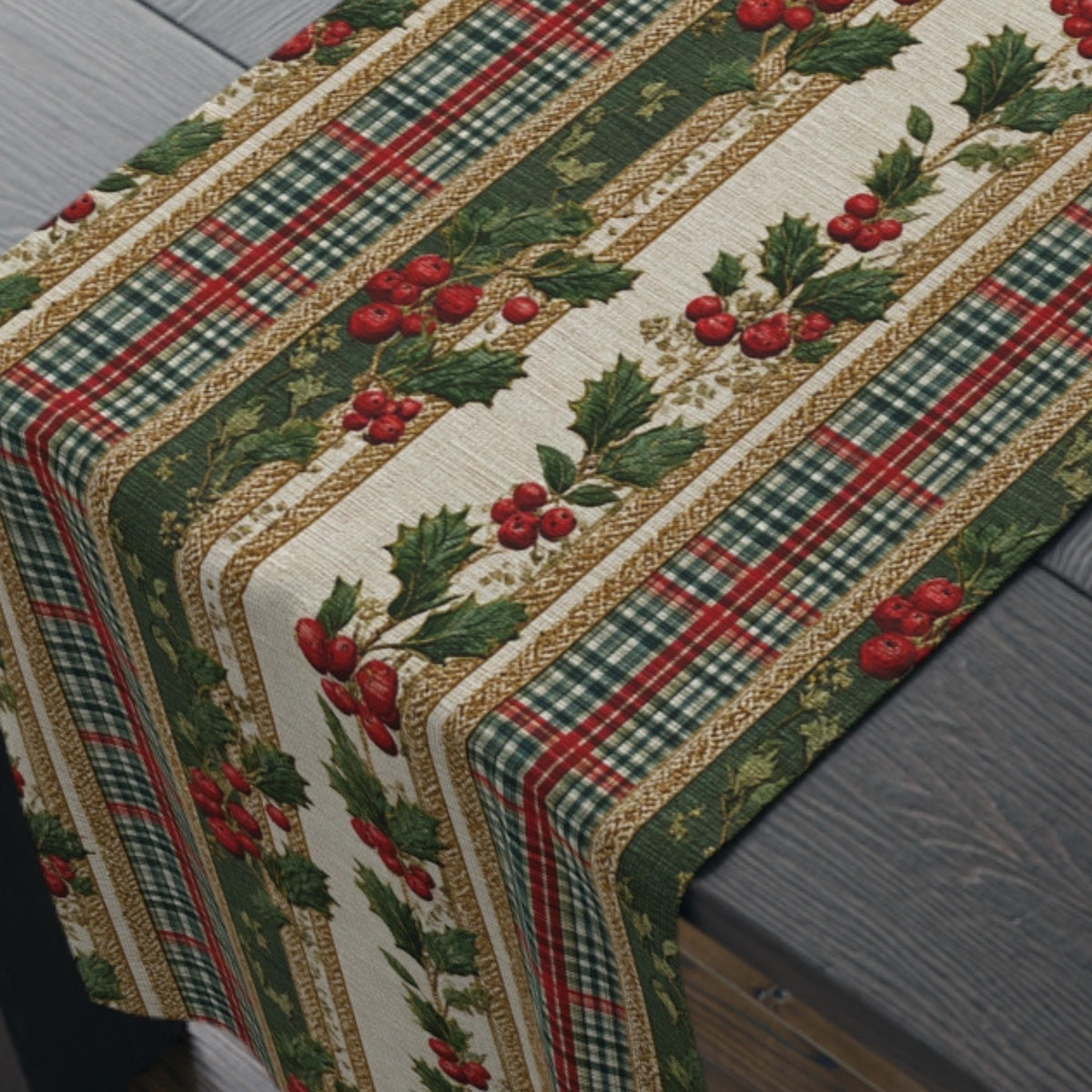 Vintage Inspired Christmas Table Runner: Plaid, Holly, Berry Red (16" x 72"),(16"x90")