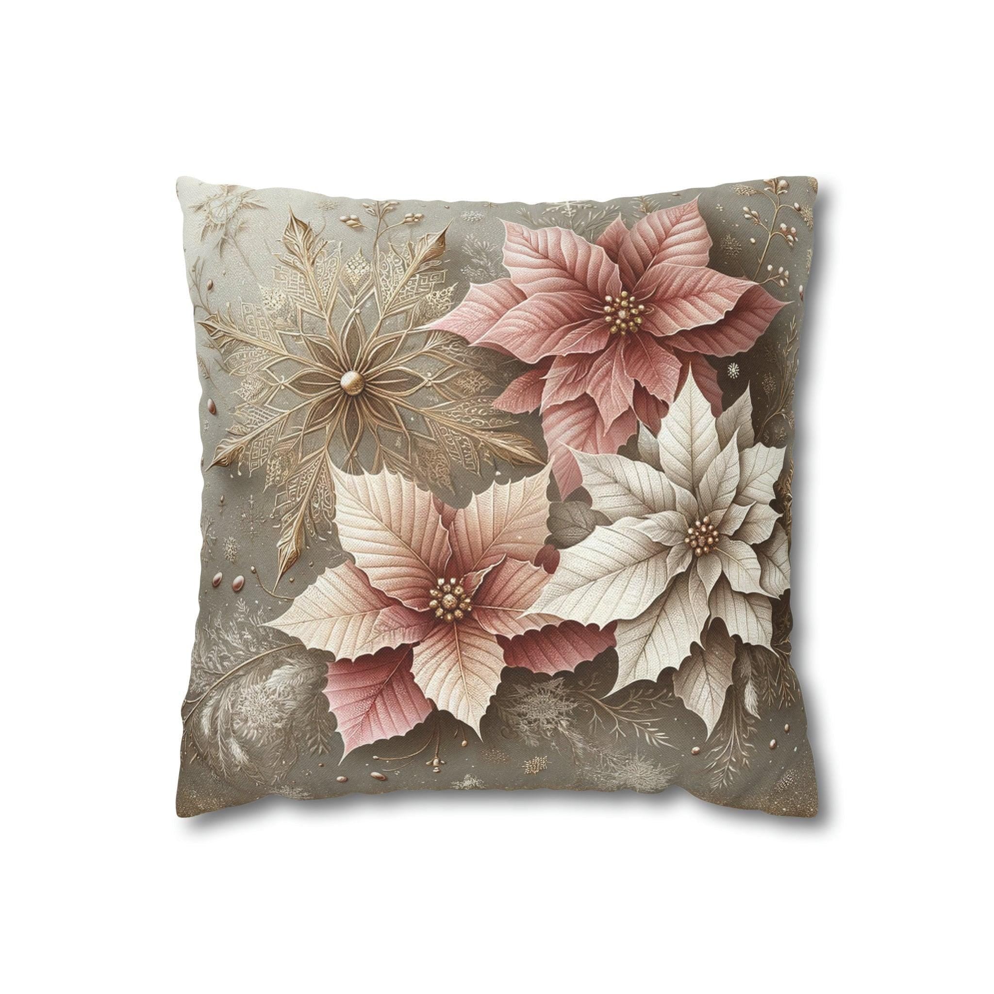 Holiday Pillow Cover, Pale Gold Snowflakes & Pink Poinsettias (Multiple Sizes)