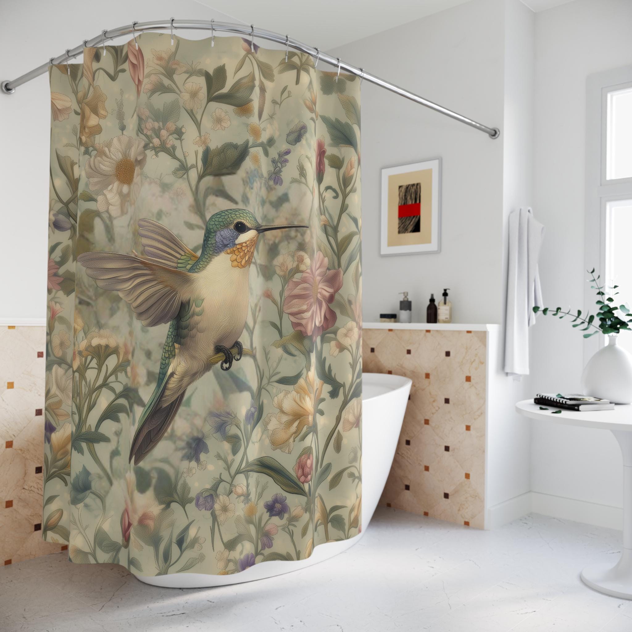 Vintage-Inspired Hummingbird Watercolor Shower Curtain: Soft Botanical Design for Cottagecore Bathrooms
