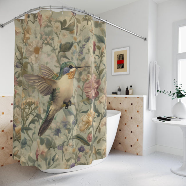 Vintage-Inspired Hummingbird Watercolor Shower Curtain: Soft Botanical Design for Cottagecore Bathrooms