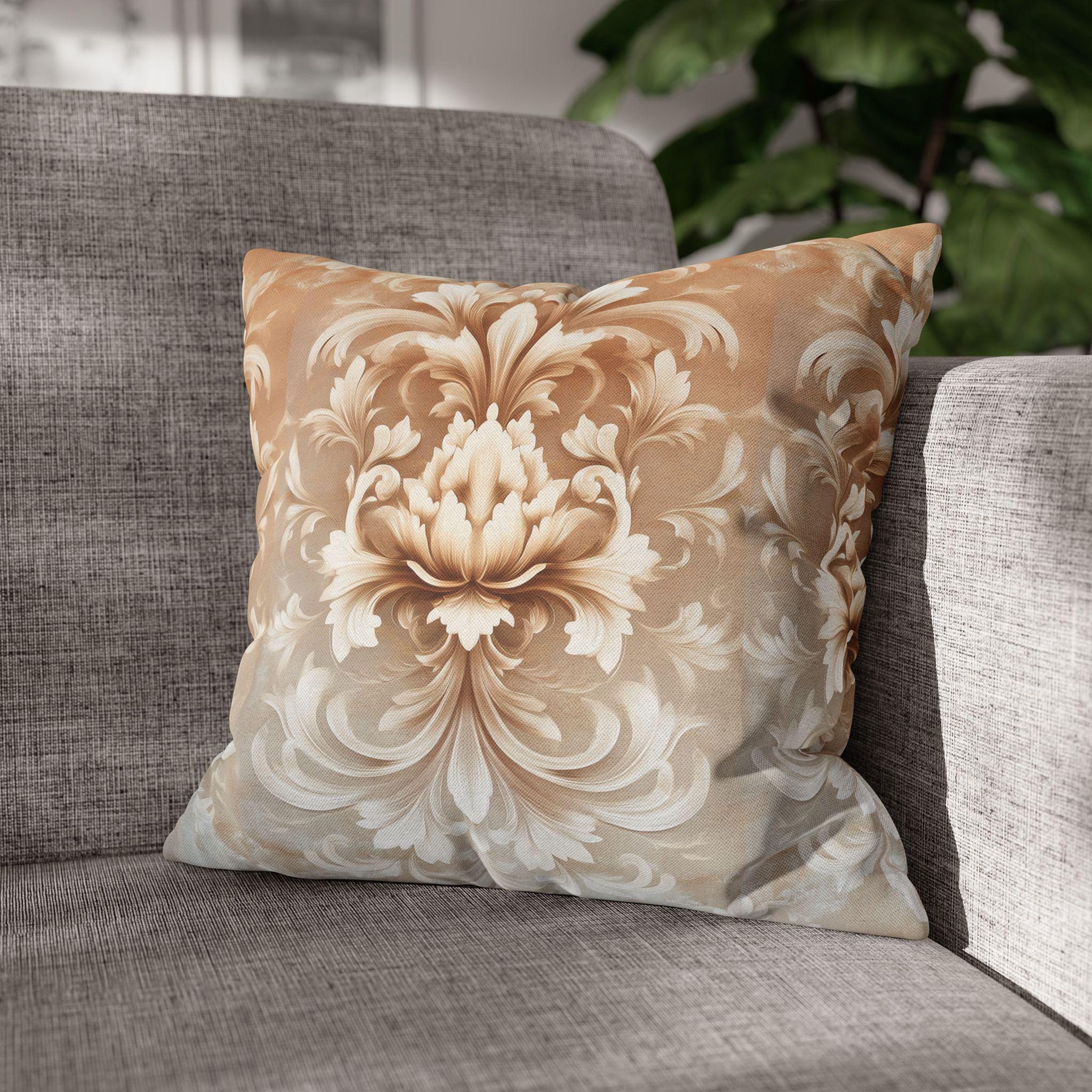 Luxurious Damask Floral Pillowcase: Ivory-Caramel Gradient Scrollwork Design, Elegant Soft Decor Accent
