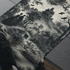 Halloween Toile Table Runner: Haunted House, Crows, and Black Cat in Monochrome