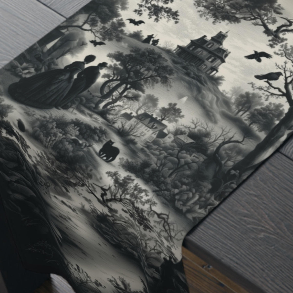 Halloween Toile Table Runner: Haunted House, Crows, and Black Cat in Monochrome