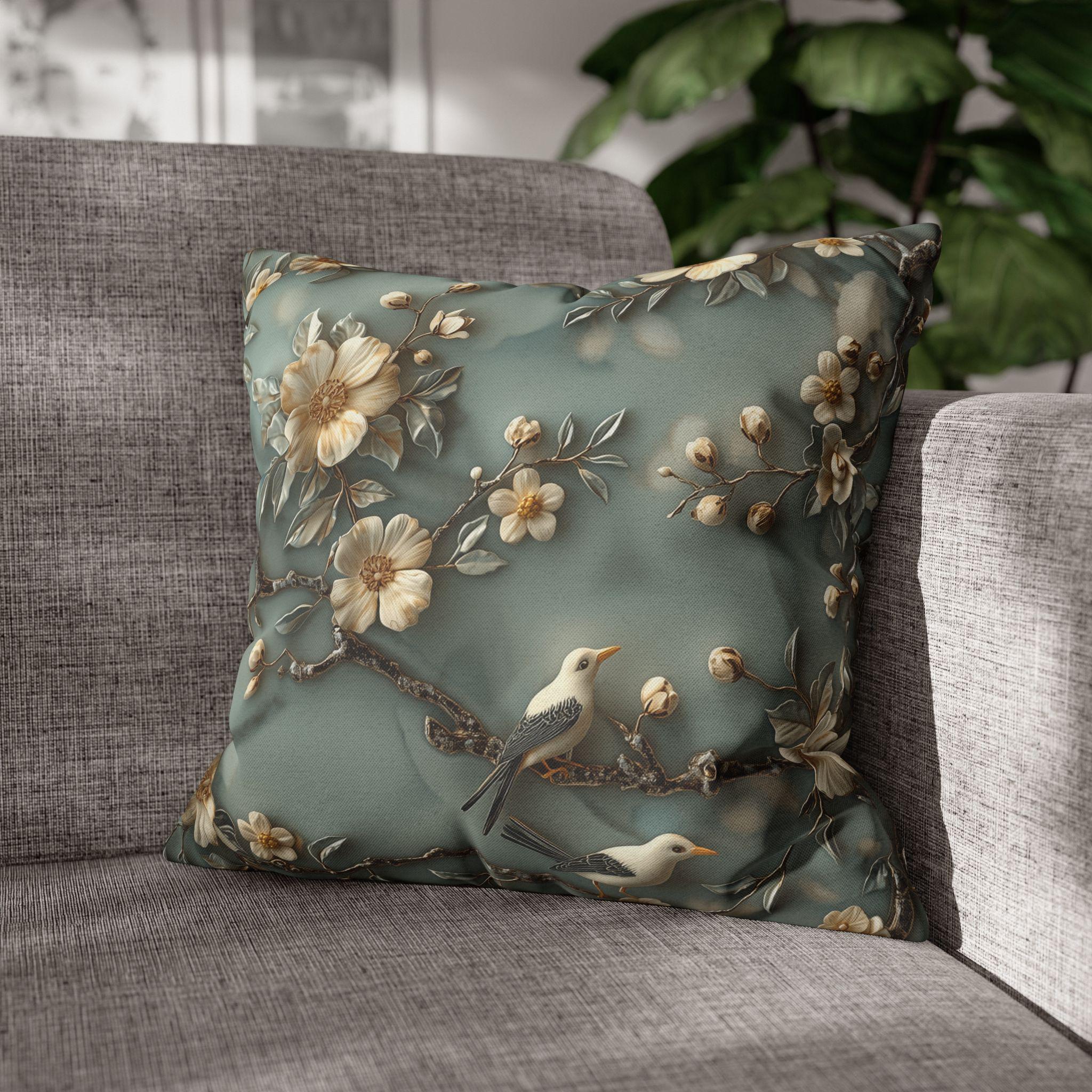 Elegant Chinoiserie Floral Pillow Cover: Cream Blossoms on Dreamy Soft Blue Background