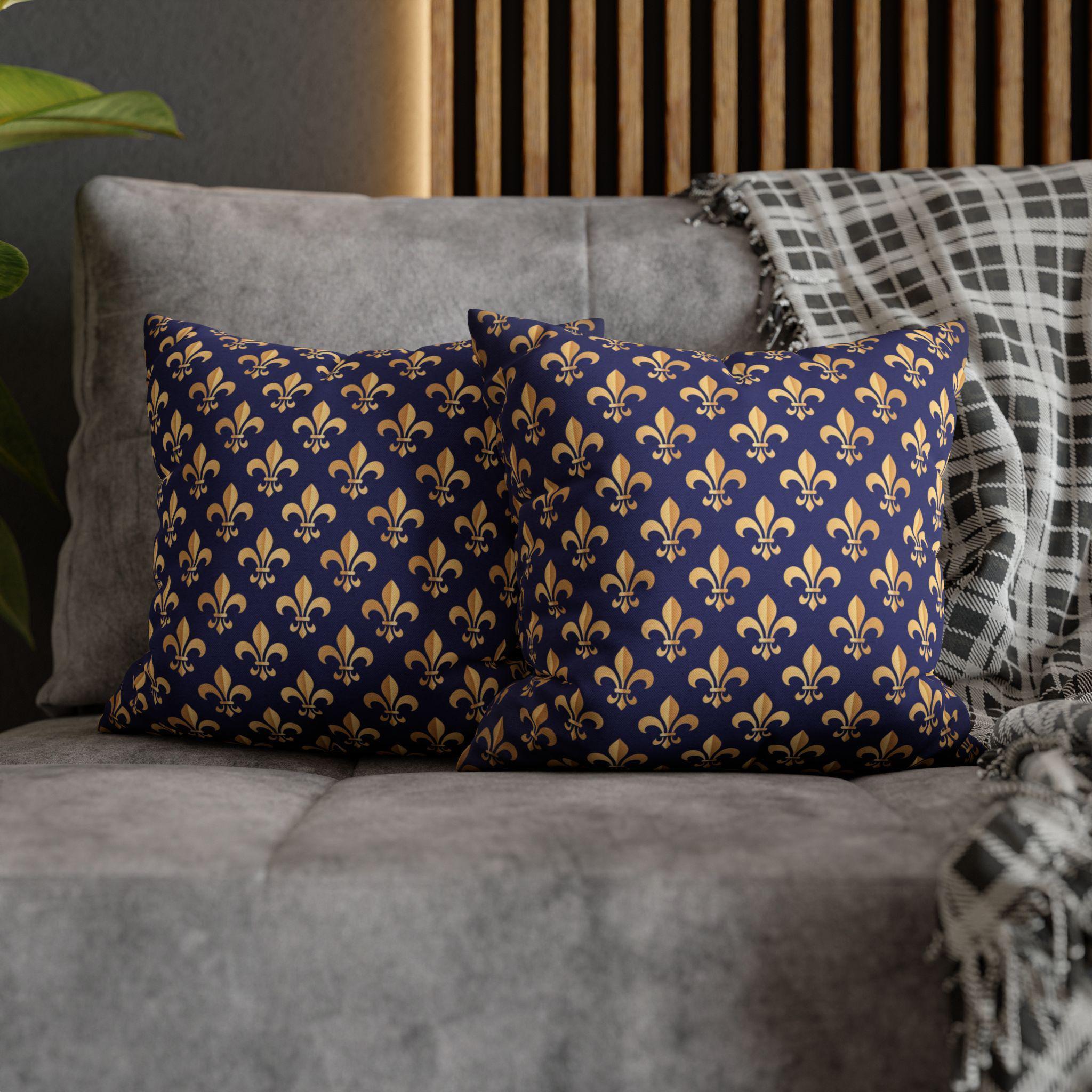 Gold and Royal Blue Fleur de Lys Pillow Cover: Classic French Heraldic Pattern
