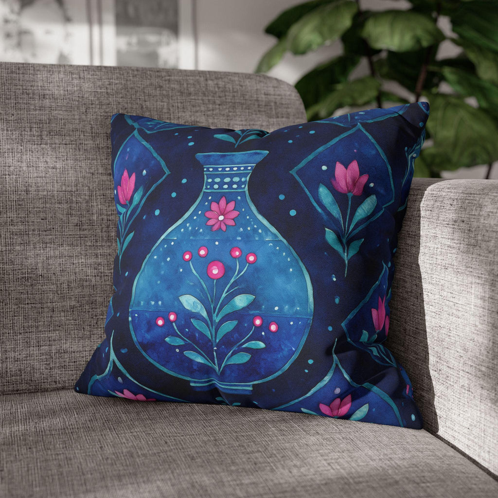 Folk Art Pillow Cover: Blue Vase, Pink Floral Watercolor Design