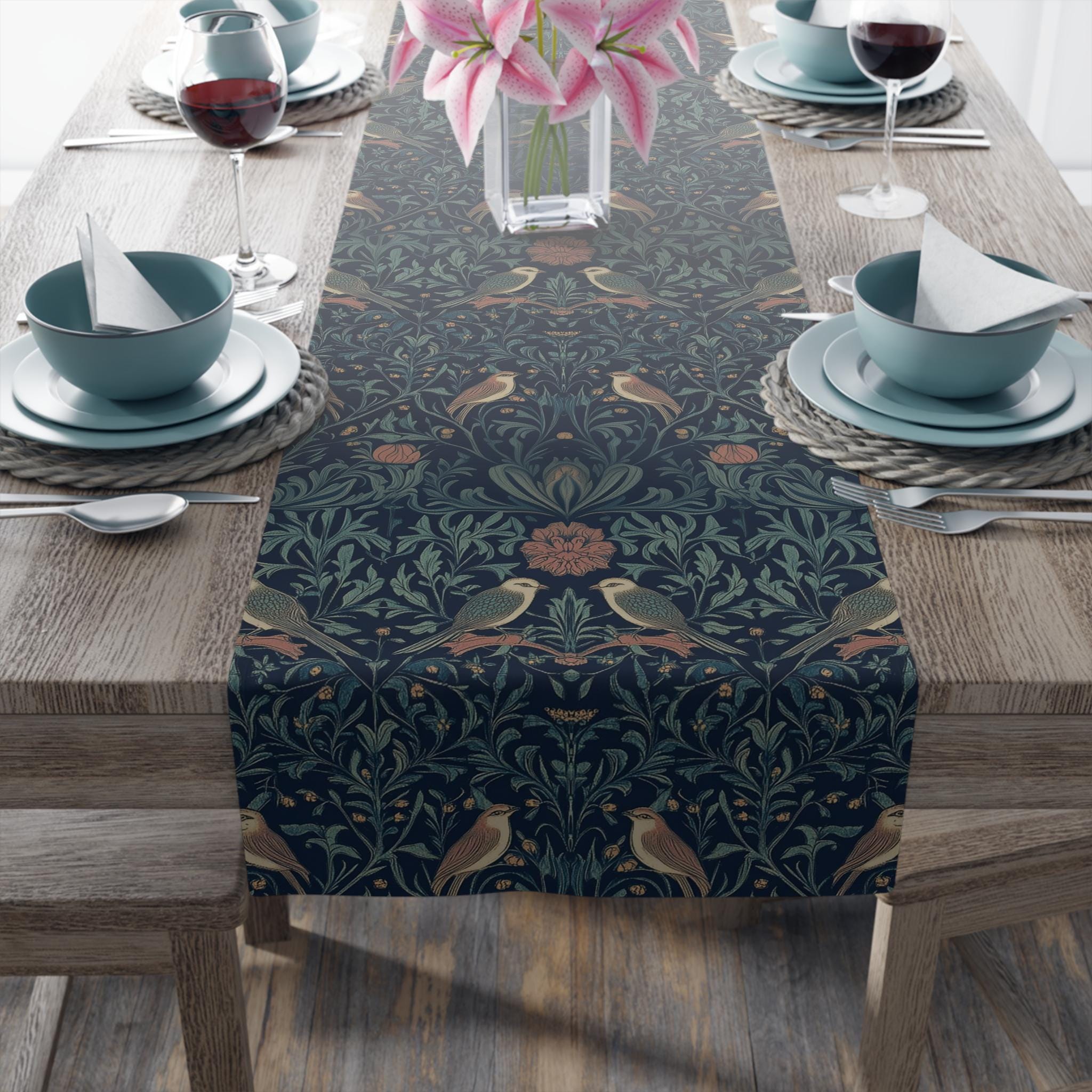 Midnight Songbirds Table Runner: William Morris Birds Pattern Revival