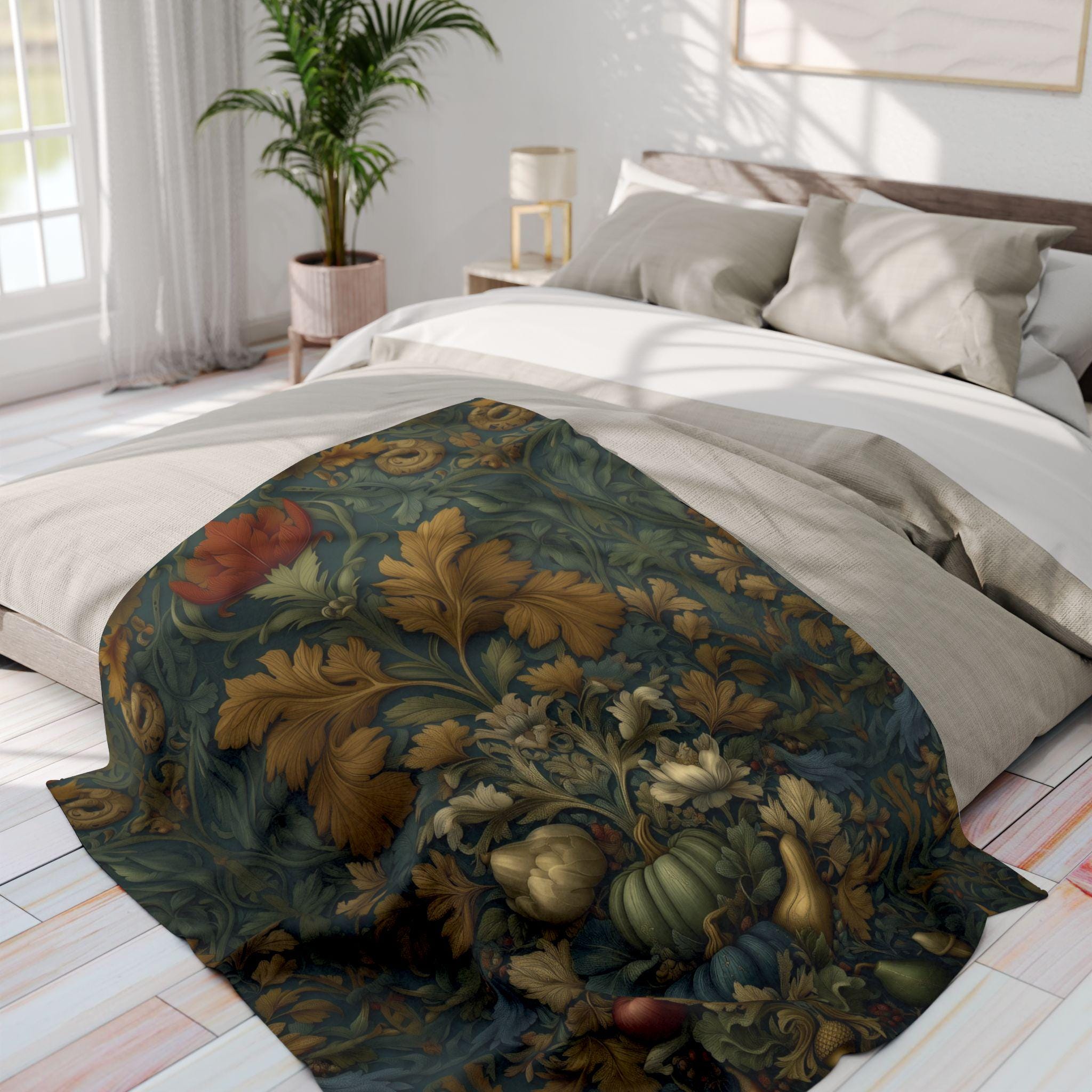 William Morris Inspired Throw Blanket: Autumn Harvest Thanksgiving Decor with Vintage Flair