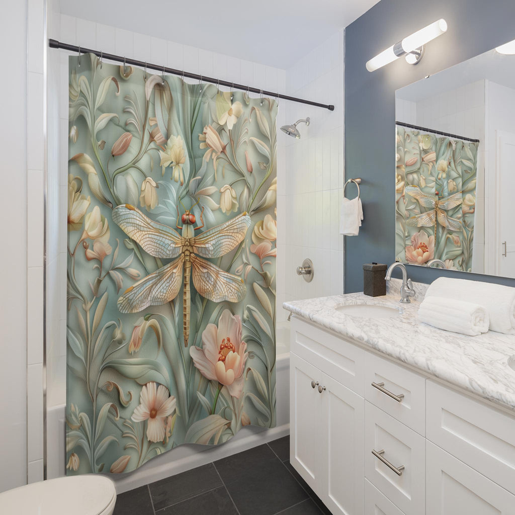 William Morris Dragonfly Shower Curtain: Elegant Floral Nature Design