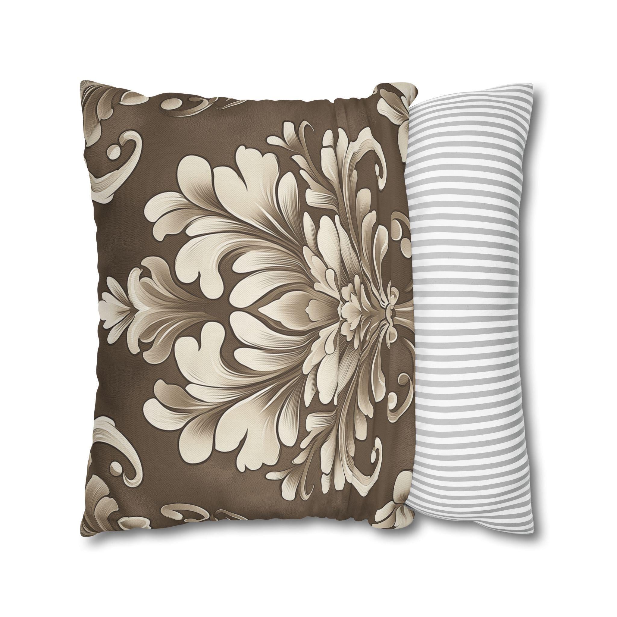 Damask Pillow Cover: Cream Beige Floral on Mocha Brown