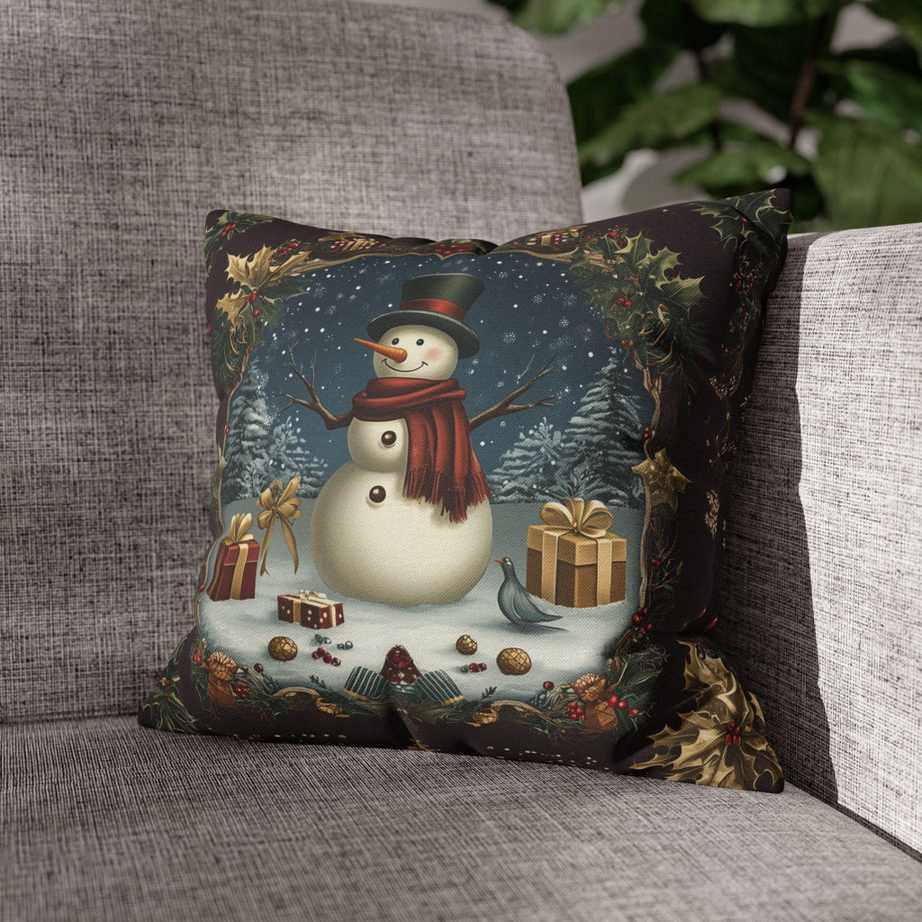 Vintage Style Holiday Pillow Cover: Burgundy and Gold Christmas Snowman Design