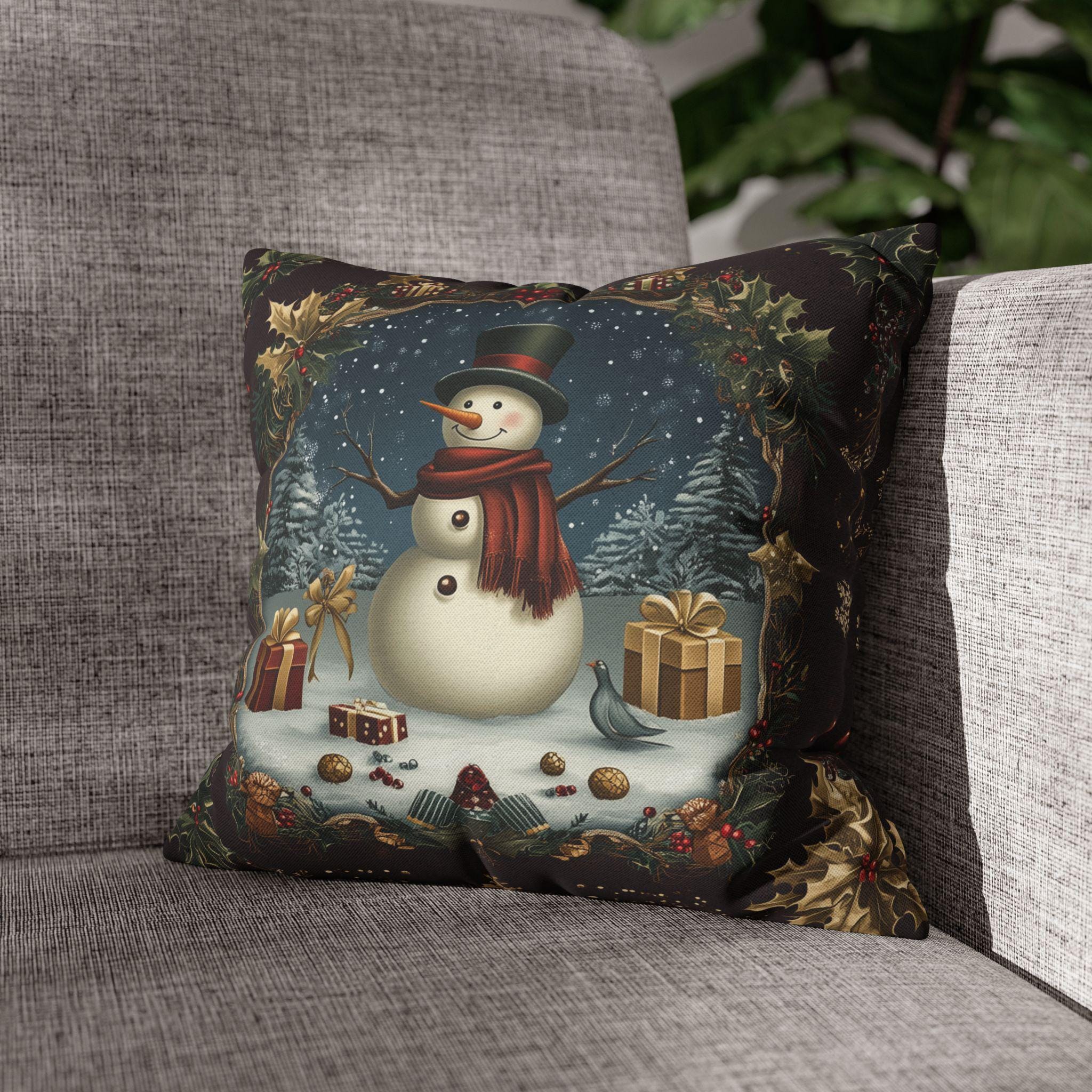 Vintage Style Holiday Pillow Cover: Burgundy and Gold Christmas Snowman Design