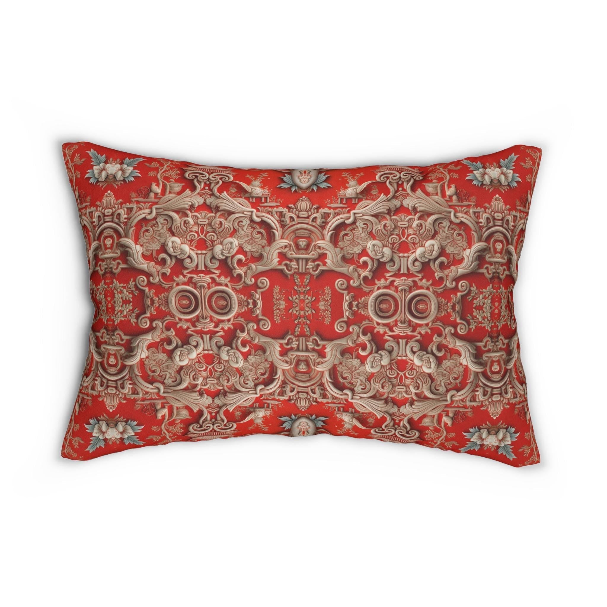 Chinoiserie Lumbar Pillow, Red Floral Oriental Decor, Vintage Style Throw Pillow