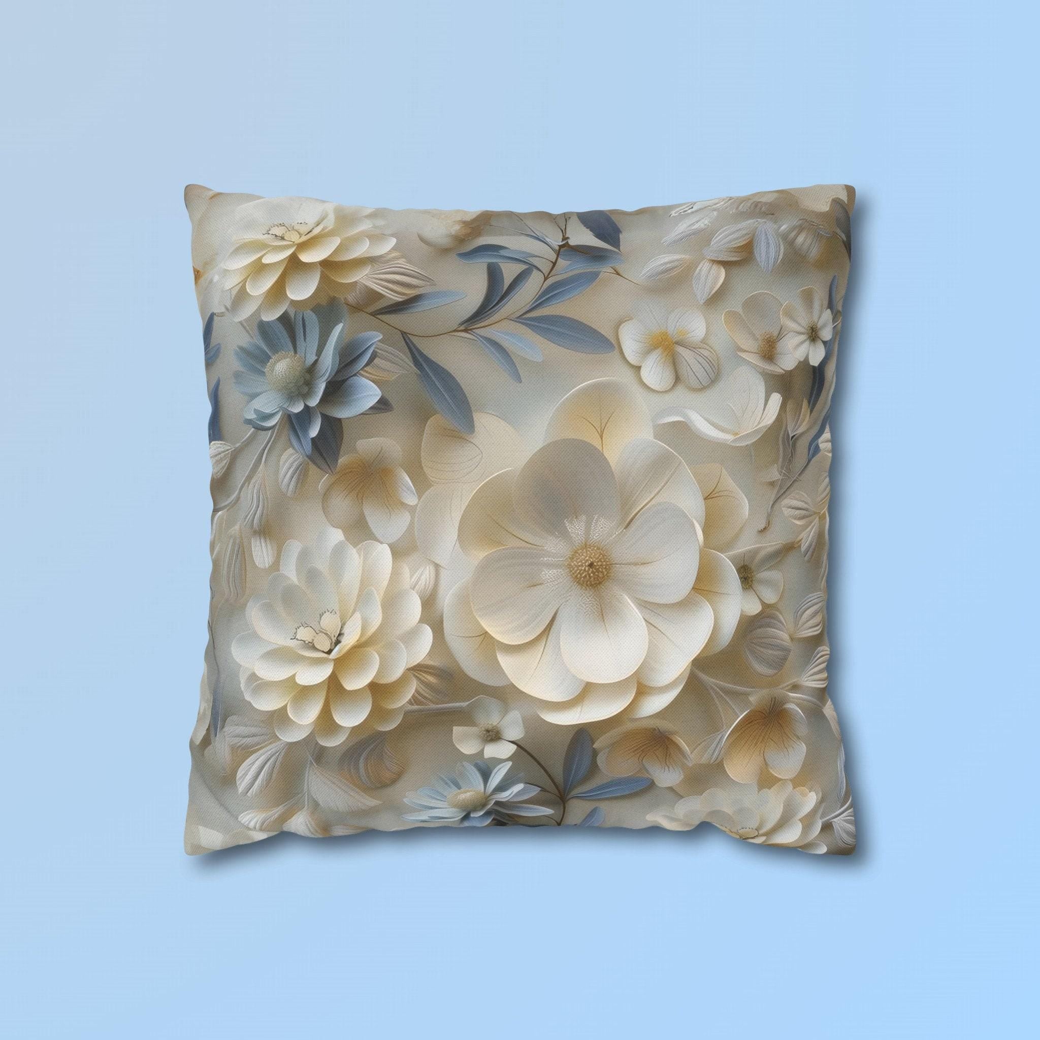 Floral Pillow Cover: Cream, Ivory & Blue Blossoms, Elegant Home Decor